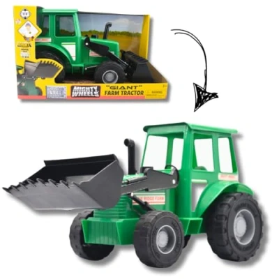 Image of Mighty Wheels Steel Green Tractor Toy 16&quot; Large Free wheeling with Movable Front End Loader Durable and Plastic Childs Farm Toys for 3+ Year Old Boys Girls