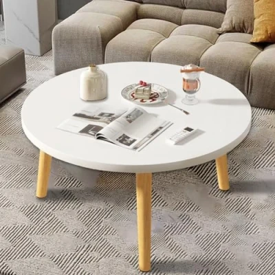 Image of HshDUti Round Wooden Coffee Tables, Dining Table Tea Small Sofa Study with Four Solid Legs for Room Living Bedroom,60x50cm White