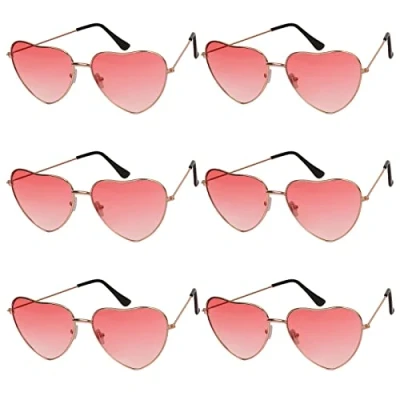 Image of WEDNOK 6 Pairs Hippie Specs Glasses Heart Shaped Hippy Sunglasses with Red Lens Rose Gold Frame for Fancy Dress Cosplay Party Festival Daily Use World Book Boy Girl Costume Accessories