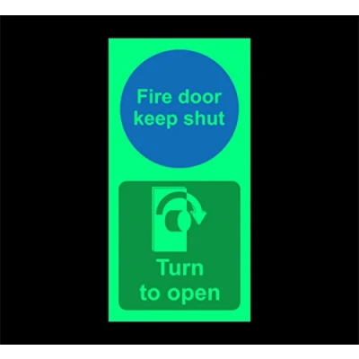 Image of Fire door keep shut turn right to open Safety sign 150mm x 100mm 1.2mm Photoluminescent rigid plastic with self adhesive backing