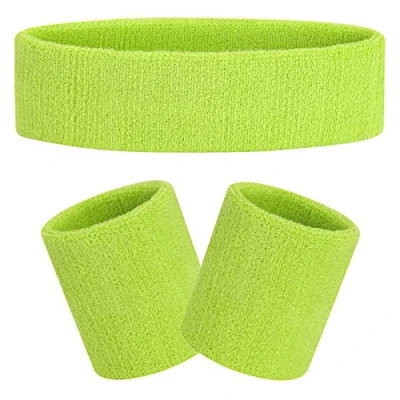 Image of FACATH Sweatband Set Light Green Sports Headband Wristband Terry Cloth Athletic Exercise Basketball Wrist Band Headbands Moisture Wicking Sweat Absorbing Cotton Stripped