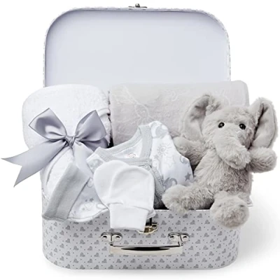 Image of Baby Gift Set Premature Gift, Unisex Hamper in White Keepsake Box, New Born Essentials with Elephant Teddy Set, Newborn for Preemie Babies