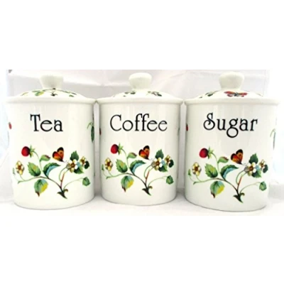 Image of Strawberries &amp; Butterflies Tea Coffee Sugar Canisters Fine Bone China Storage Jars Hand Decorated in The U.K. Free Delivery