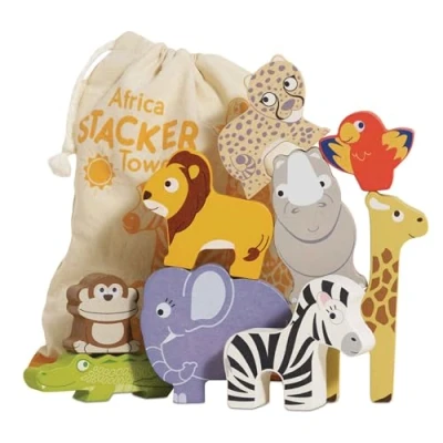 Image of Le Toy Van Wooden Petilou Africa Stacker &amp; Bag Educational Balancing Activity for 18m+, 9 pieces