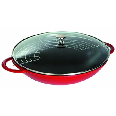 Image of Staub 40509 898 0 Cast Iron Wok, including Glass Lid and Removable Grid Insert, Suitable for induction, Ø 37 cm, 5.7 L, Cherry Red