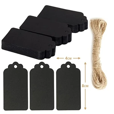 Image of Box.it.pack.it Kraft Paper Gift Tags, Black, Scallop 8x4 cm, 100 Pack with String