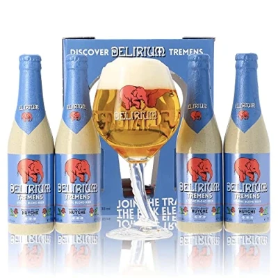 Image of Delirium Tremens Blonde Ale Gift Set with Branded Trunk Glass (4x330ml) Belgian Beer Gifts for Men, Birthday Men and Women, Beers Lagers Offers Pack Alcohol