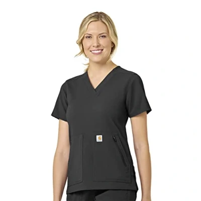 Image of Carhartt Women&#039;s Modern Fit 4 Pocket V Neck Scrub Top Medical Shirt, Black, L