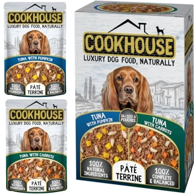 Image of COOKHOUSE 100% Natural &amp; Complete Luxury Wet Dog Food 36 x 100g Pouches Tuna with Pumpkin/Tuna Carrots Pate Terrine