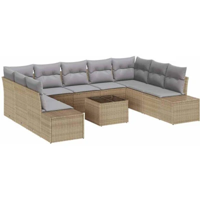 Image of vidaXL 10 Piece Garden Sofa Set with Cushions in Black Poly Rattan