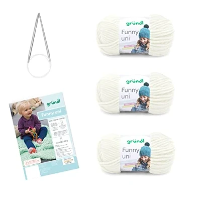 Image of Gründl Funny Plain Knitting Kit (Velvety Chenille Yarn) 3 x 100g + Needles 5 6 Baby Blanket Instructions 29 19 8 cm Cream