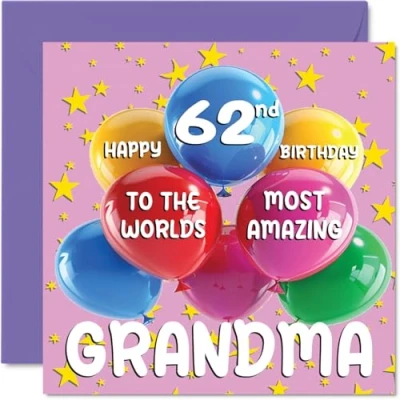 Image of 62nd Grandma Birthday Card World&#039;s Most Amazing Happy for from Granddaughter Grandson, 145mm x Age 62 Sixty Two Greeting Cards Granny