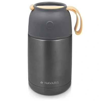 Image of Navaris Vacuum Insulated Food Jar Stainless Steel Flask Container with Wide Mouth for Hot or Cold Lunch Size M (22 oz / 650 ml), Dark Gray
