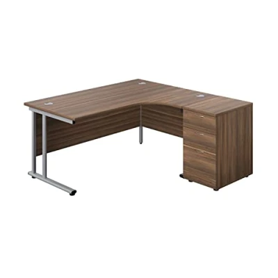 Image of Office Hippo Heavy Duty Right Corner Radial Desk With 3 Drawer High Storage, Home Office, Filing, PC For or Home, 5 Yr Wty, MFC Dark Walnut,Silver Frame, 160cm x 160.4cm