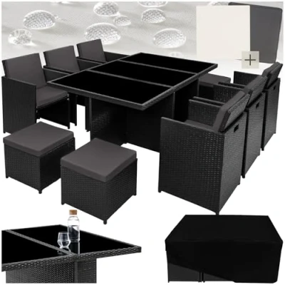 Image of TecTake Polyrattan Garden Furniture Set with Aluminium Base, Including 6 Dining Chairs, 1 Table, 4 Stools, Foldable Lounge Set, For Up To 10 People, Patio black