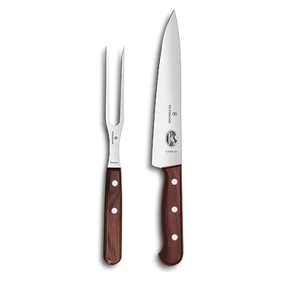 Image of Victorinox Wood, Carving Set, Set of 2, Knife and Fork, Stainless Steel, Noble Wooden Handle, Brown