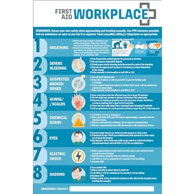 Image of First aid at workplace, safety poster sign Self adhesive sticker (300mm x 200mm)