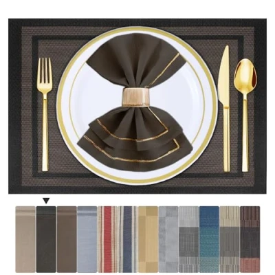 Image of ARTAND Placemats Black Gold Table Mats Set of 4 Woven Vinyl Place for Dinner Washable &amp; Durable Indoor/Outdoor Use Accessories Pcs,01