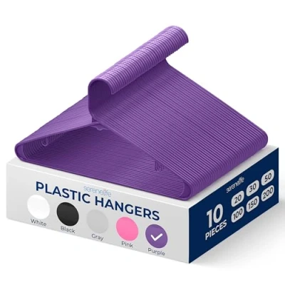 Image of SereneLife Plastic Hangers 10 pcs, Non Slip Heavy Duty Clothes Hanger Set with 360 Swivel Hook, Smooth Finish to Protect Fabric, Lightweight, Ultra Thin for Coats and Other (Purple)