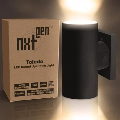 Image of NxtGen Toledo LED Round Up and Down Light 18W All Weather Tri Colour CCT 30 Black