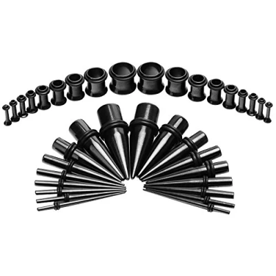 Image of VCMART Black Ear Gauges Stretching Kit 36 Pieces Surgical Steel Tapers with Plugs 14G 00G 18 Pairs