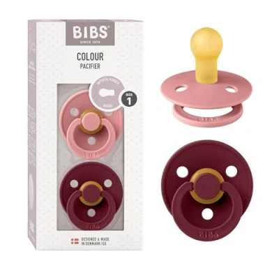 Image of BIBS Colour Soother 2 Pack, BPA Free Dummy Pacifier, Round Nipple. Natural Rubber Latex, Made in Denmark, Size 1 (0 6 Months), Dusty Pink/Elderberry