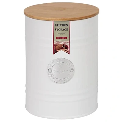 Image of STEELEX Sugar Canister with Wooden Lid Airtight Storage Jar Kitchen Metal Containers Tin for Food Storage, Matte Finish (SUGAR White)