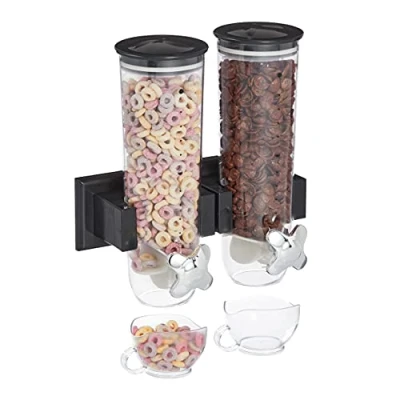 Image of Relaxdays Double Wall Mounted Cereal Dispenser for Cereal, Cornflakes, Sweets, Dispenser, Plastic, Black, 1 Piece