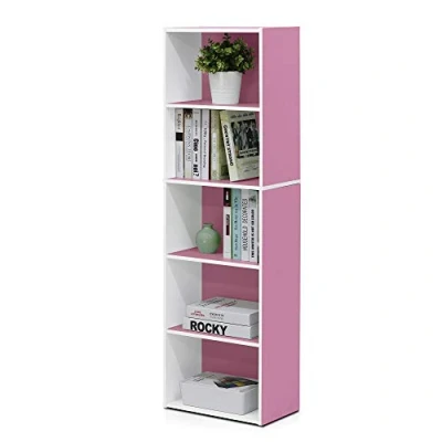 Image of Furinno Luder 5 Tier Reversible Color Open Shelf Bookcase, White/Pink
