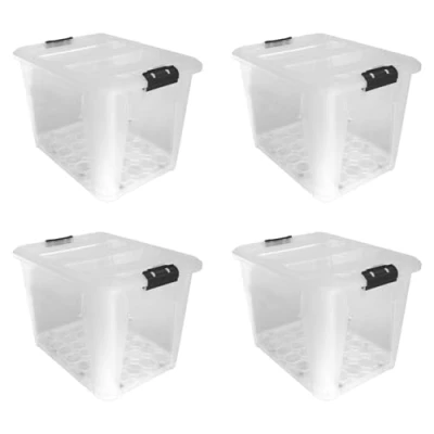 Image of JVL Plastic Secure Clip Lidded Storage Box with Wheels, Stackable &amp; Nestable, Clear, Set of 4, 60L
