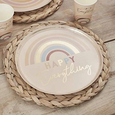 Image of Ginger Ray Happy Everything Pastel Rainbow Foil Printed Paper Party Plates Tableware 8 Pack, Gold,8*25 centimeters