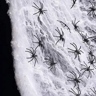 Image of THE TWIDDLERS 300 Grams Giant Spider Stretchable Cob Web with 40 Plastic Fake Spiders for Halloween Party Decoration