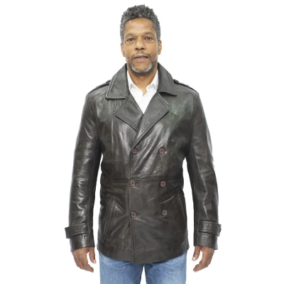 Image of Men&#039;s Brown Pea Coat Leather Jacket Dr Who German Naval L