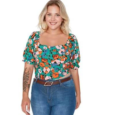 Image of Trendyol Women&#039;s Woman Regular Standard Square Collar Woven Plus Size Blouse Shirt, Multi Color, 46