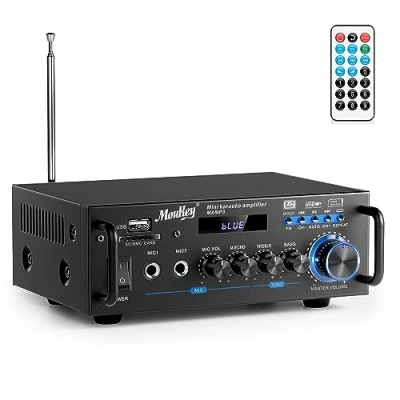 Image of Stereo Bluetooth Karaoke Amplifier, Moukey 2.0 Channel 100W Audio Receiver, Power Amplifier with RCA, USB, SD, 2 Mic Inputs, FM Radio, MAMP3