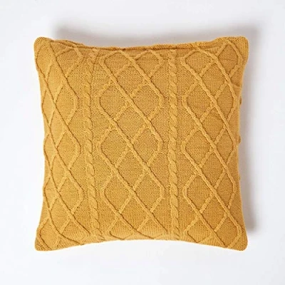 Image of HOMESCAPES Mustard Cable Knit Cushion Cover 100% Cotton Diamond Pattern Bed or Sofa for Living Room Handwoven Super Soft Textured Dark Yellow 45 x cm Square Throw Case, 18