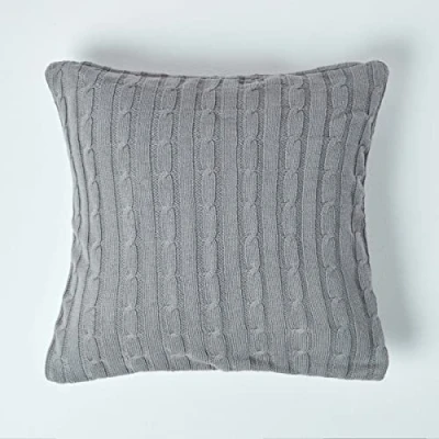 Image of HOMESCAPES Cable Knit Cushion Cover Grey 100% Cotton 18 x Inches Washable