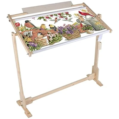 Image of Tapestry Frames and Stands,14CT 80cm Large Sturdy Wooden Stand Cross Stitch Frame Floor Embroidery Square with 5 Adopted Height Level