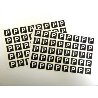 Image of Letter P, White Alphabet Letters on Black 20x20mm Square Labels Durable Plastic Stickers