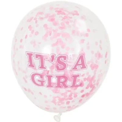 Image of It&#039;s a Girl Clear Latex Balloon with Pink Confetti (30cm) Pack of 6 Perfect for Baby Shower and Gender Reveal Celebrations