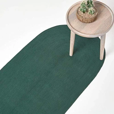 Image of HOMESCAPES Dark Green Handmade Braided Oval Hallway Runner &amp; Living Room Woven Cotton Large Rug 66 x 200 cm