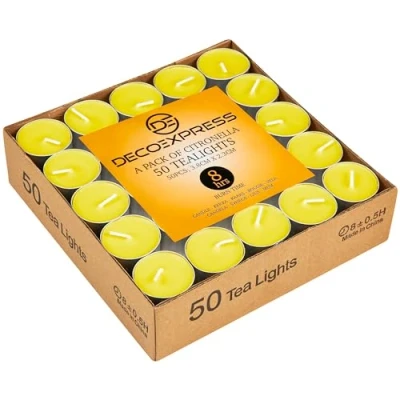 Image of Deco Express Citronella Tealight Candles Multipack of 50 or 100 4 8 Hours Burning Time Outdoor (Yellow 50/8 Hour)