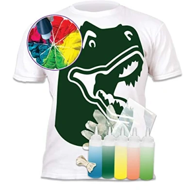 Image of Splat Planet Dinosaur DIY tie dye t Shirt Kit. Five Fabric Textile Paint Colours, Gloves, Apron, Tablecloth and Rubber Bands. Create Your own Shirt. Art Crafts (12 13 Years) White