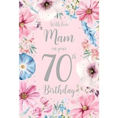 Image of Mam 70th Birthday Card Age 70 Artistic Floral Design Special Finishes and Illustrated Insert Leaf Made in the UK Eco Friendly