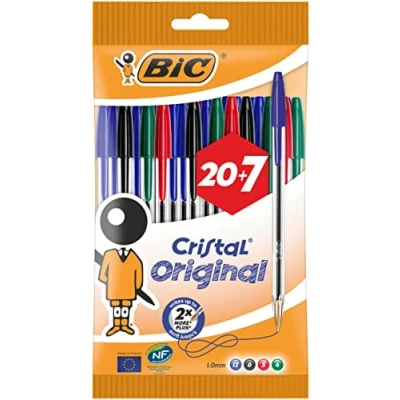 Image of BIC Cristal Original Ballpoint Pens Medium Point (1.0 mm) â“ Assorted Colours, Pouch of 20+7