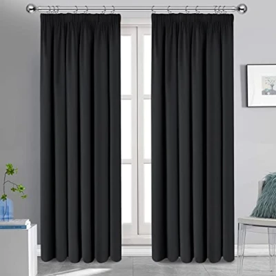 Image of Oxford Homeware Blackout Curtains Bedroom Pencil Pleat Readymade Living Room Window Curtain Tape Top Thermal Insulated Kitchen Curtains+ 2 Tiebacks (Black, 90&quot; x (228cm 228cm))