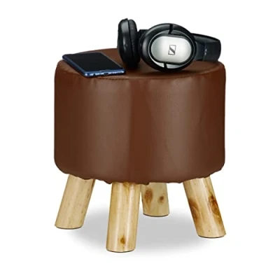 Image of Relaxdays Faux Leather Stool, Padded, 4 Wooden Legs, Flat Footstool, Round Vanity Stand, H x D: 30 31 cm, Brown