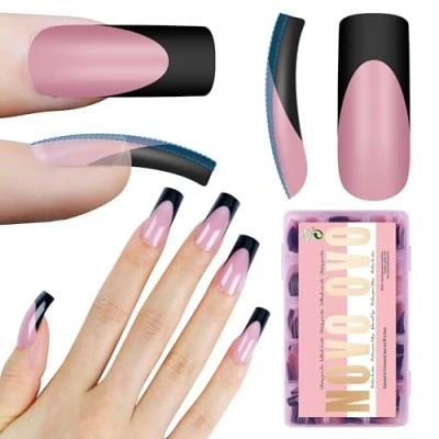 Image of Black French Tip Nail Tips Medium Square Slightly Curved BERRY PINK Full Cover for Press on Acrylic, Extra Thick M Soft Gel False Nail, need Builder Top Coat, no Glue included 15 Sizes 240 pcs