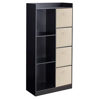 Image of URBNLIVING Tall Wooden 7 Cube Bookcase Shelving Display Storage Unit Cabinet Shelves New (Black Bookcase) (Beige Drawer)