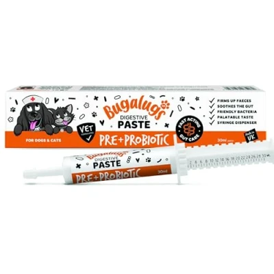 Image of BUGALUGS Probiotics for Dogs &amp; Cats Gut Health, Digestive Dog Probiotic Paste with Prebiotics helps firms up stools Vet Formulated, Made in UK comes Syringe Dispenser (30ml)